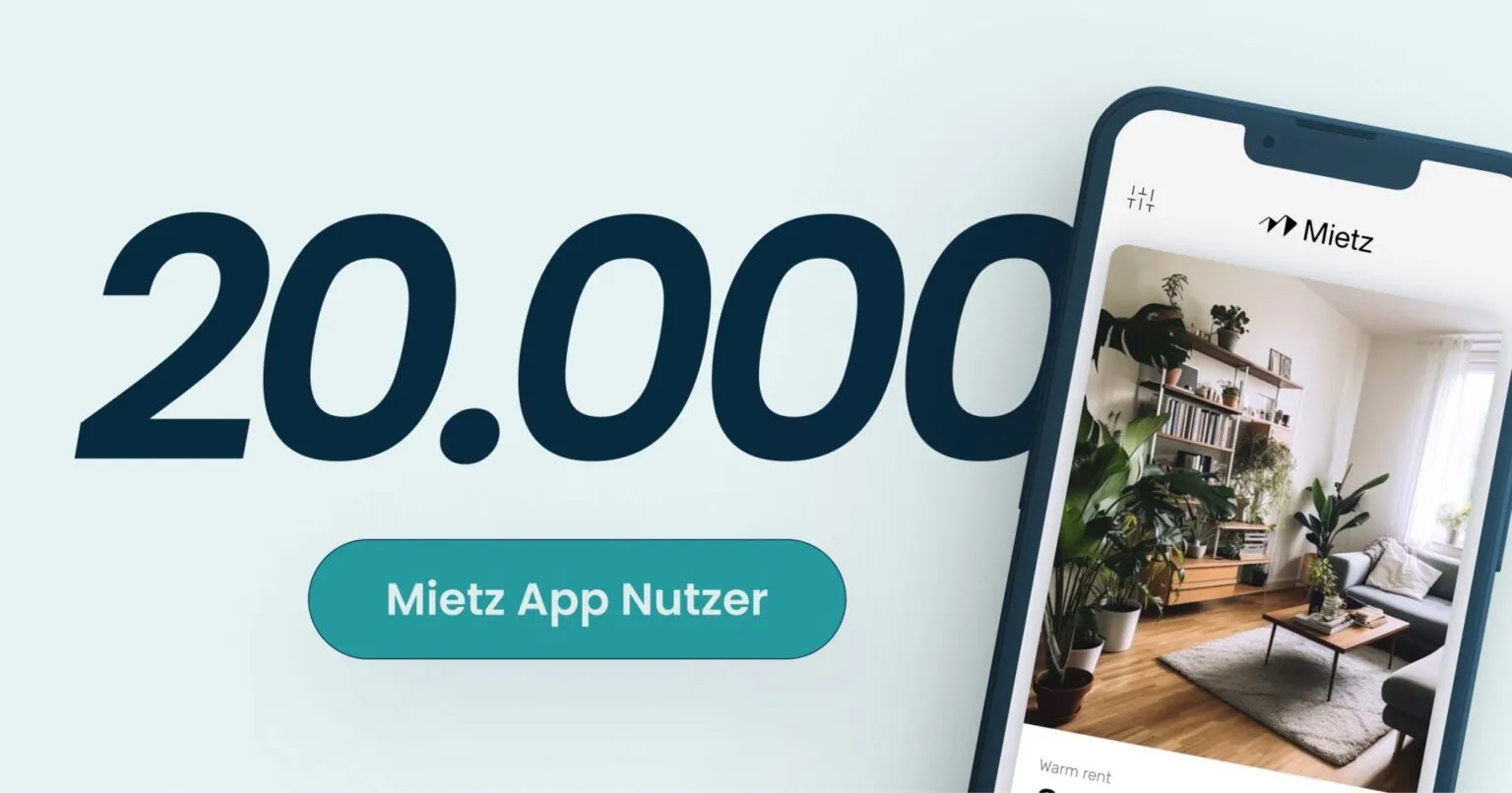 Grafik „20.000 Mietz App Nutzer“ neben einem Smartphone mit der Mietz-App