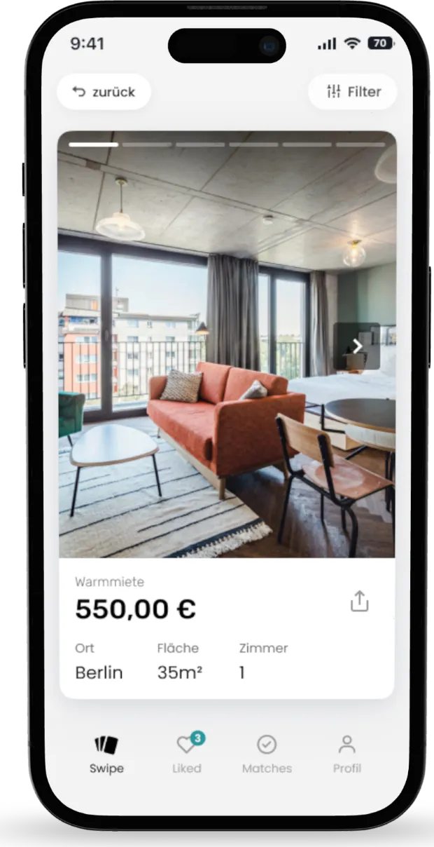 Mietz App: Wohnung mit Warmmiete, Ort, Fläche und Zimmerzahl