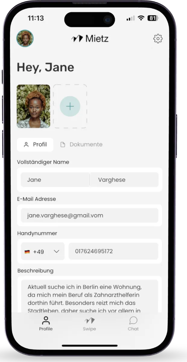 Mietz App: Profil mit Bewerbermappe